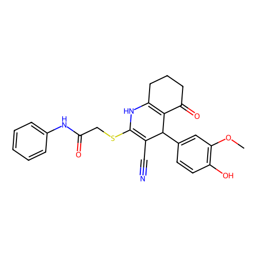 2-((3-cyano-4-(4-hydroxy-3-methoxyphenyl)-5-oxo-1,4,5,6,7,8-hexahydroquinolin-2-yl)thio)-N-phenylacetamide structure