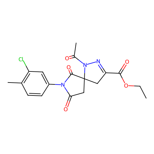 ethyl 1-acetyl-7-(3-chloro-4-methylphenyl)-6,8-dioxo-1,2,7-triazaspiro[4.4]non-2-ene-3-carboxylate structure