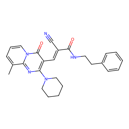 (2E)-2-cyano-3-[9-methyl-4-oxo-2-(piperidin-1-yl)-4H-pyrido[1,2-a]pyrimidin-3-yl]-N-(2-phenylethyl)prop-2-enamide structure