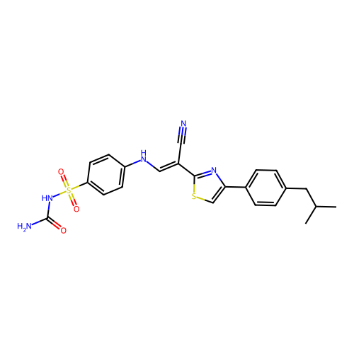 (E)-N-carbamoyl-4-((2-cyano-2-(4-(4-isobutylphenyl)thiazol-2-yl)vinyl)amino)benzenesulfonamide structure