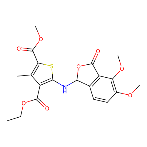 4-ethyl 2-methyl 5-((4,5-dimethoxy-3-oxo-1,3-dihydroisobenzofuran-1-yl)amino)-3-methylthiophene-2,4-dicarboxylate structure