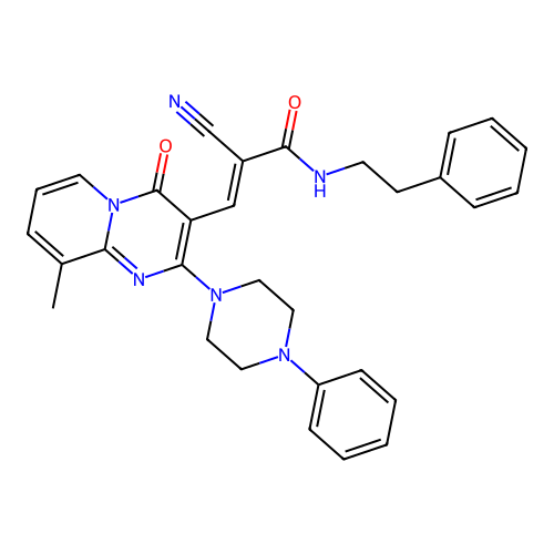 (2E)-2-cyano-3-[9-methyl-4-oxo-2-(4-phenylpiperazin-1-yl)-4H-pyrido[1,2-a]pyrimidin-3-yl]-N-(2-phenylethyl)prop-2-enamide structure