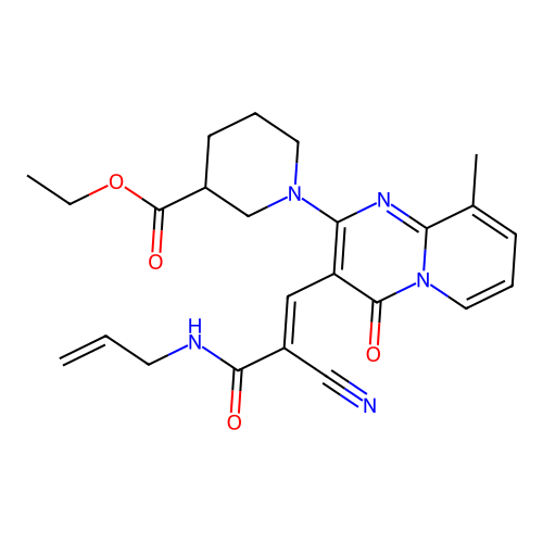 (E)-ethyl 1-(3-(3-(allylamino)-2-cyano-3-oxoprop-1-en-1-yl)-9-methyl-4-oxo-4H-pyrido[1,2-a]pyrimidin-2-yl)piperidine-3-carboxylate structure