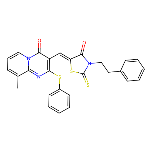(Z)-5-((9-methyl-4-oxo-2-(phenylthio)-4H-pyrido[1,2-a]pyrimidin-3-yl)methylene)-3-phenethyl-2-thioxothiazolidin-4-one structure