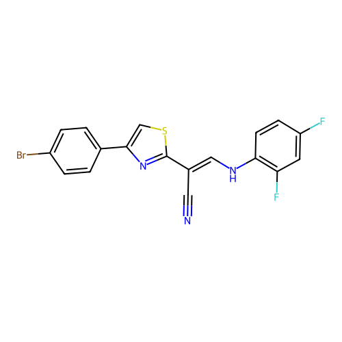 (E)-2-(4-(4-bromophenyl)thiazol-2-yl)-3-((2,4-difluorophenyl)amino)acrylonitrile structure