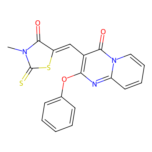 3-[(Z)-(3-methyl-4-oxo-2-thioxo-1,3-thiazolidin-5-ylidene)methyl]-2-phenoxy-4H-pyrido[1,2-a]pyrimidin-4-one structure