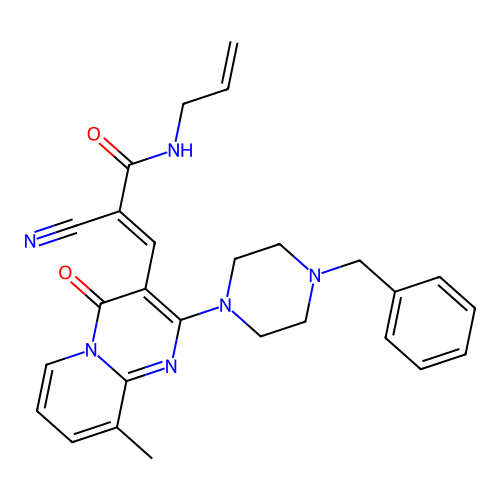 (2E)-3-[2-(4-benzylpiperazin-1-yl)-9-methyl-4-oxo-4H-pyrido[1,2-a]pyrimidin-3-yl]-2-cyano-N-(prop-2-en-1-yl)prop-2-enamide structure