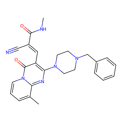 (2E)-3-[2-(4-benzylpiperazin-1-yl)-9-methyl-4-oxo-4H-pyrido[1,2-a]pyrimidin-3-yl]-2-cyano-N-methylprop-2-enamide structure