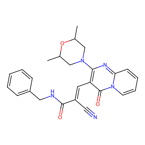 (2E)-N-benzyl-2-cyano-3-[2-(2,6-dimethylmorpholin-4-yl)-4-oxo-4H-pyrido[1,2-a]pyrimidin-3-yl]prop-2-enamide structure