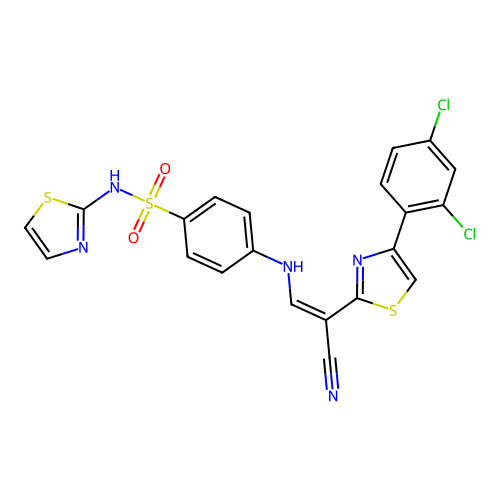 4-({(Z)-2-cyano-2-[4-(2,4-dichlorophenyl)-1,3-thiazol-2-yl]ethenyl}amino)-N-(1,3-thiazol-2-yl)benzenesulfonamide structure