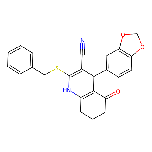 4-(1,3-benzodioxol-5-yl)-2-benzylsulfanyl-5-oxo-4,6,7,8-tetrahydro-1H-quinoline-3-carbonitrile structure