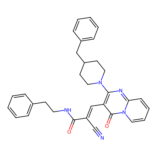 (2E)-3-[2-(4-benzylpiperidin-1-yl)-4-oxo-4H-pyrido[1,2-a]pyrimidin-3-yl]-2-cyano-N-(2-phenylethyl)prop-2-enamide structure
