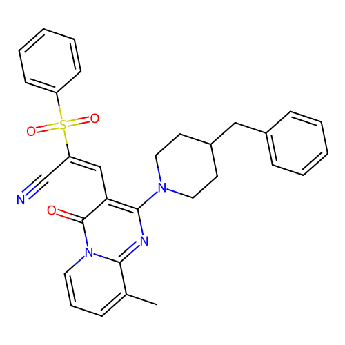 (2E)-3-[2-(4-benzylpiperidin-1-yl)-9-methyl-4-oxo-4H-pyrido[1,2-a]pyrimidin-3-yl]-2-(phenylsulfonyl)prop-2-enenitrile structure