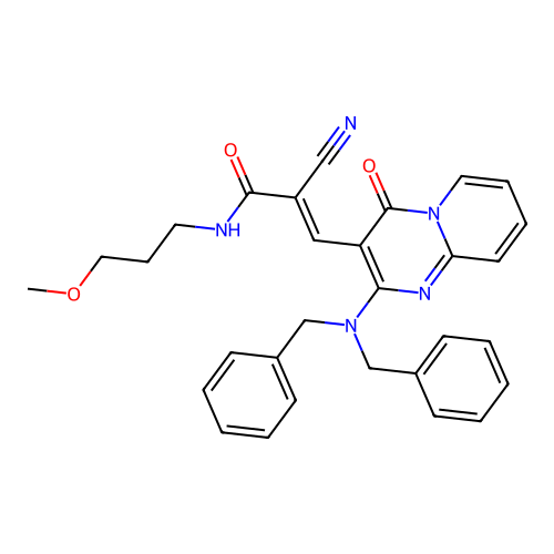 (2E)-2-cyano-3-[2-(dibenzylamino)-4-oxo-4H-pyrido[1,2-a]pyrimidin-3-yl]-N-(3-methoxypropyl)prop-2-enamide structure