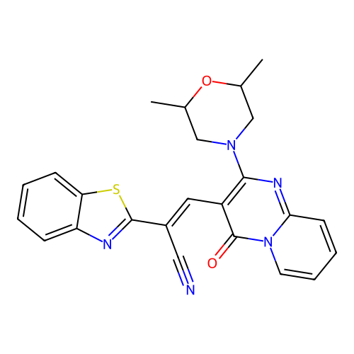 (2E)-2-(1,3-benzothiazol-2-yl)-3-[2-(2,6-dimethylmorpholin-4-yl)-4-oxo-4H-pyrido[1,2-a]pyrimidin-3-yl]prop-2-enenitrile structure