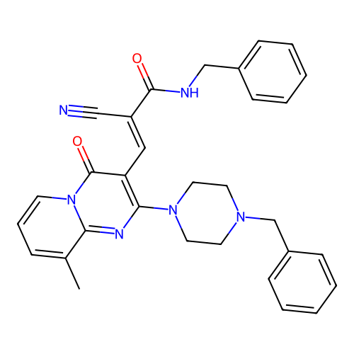 (2E)-N-benzyl-3-[2-(4-benzylpiperazin-1-yl)-9-methyl-4-oxo-4H-pyrido[1,2-a]pyrimidin-3-yl]-2-cyanoprop-2-enamide structure