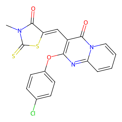 2-(4-chlorophenoxy)-3-[(Z)-(3-methyl-4-oxo-2-thioxo-1,3-thiazolidin-5-ylidene)methyl]-4H-pyrido[1,2-a]pyrimidin-4-one structure