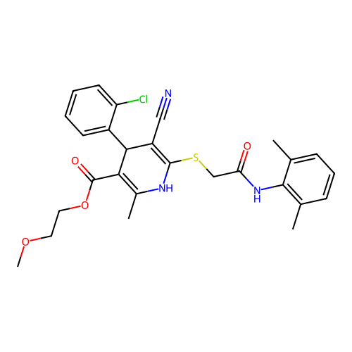 2-methoxyethyl 4-(2-chlorophenyl)-5-cyano-6-((2-((2,6-dimethylphenyl)amino)-2-oxoethyl)thio)-2-methyl-1,4-dihydropyridine-3-carboxylate structure