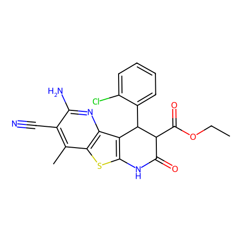 ethyl 2-amino-9-(2-chlorophenyl)-3-cyano-4-methyl-7-oxo-6,7,8,9-tetrahydrothieno[2,3-b:4,5-b']dipyridine-8-carboxylate structure
