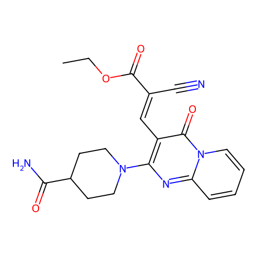 (E)-ethyl 3-(2-(4-carbamoylpiperidin-1-yl)-4-oxo-4H-pyrido[1,2-a]pyrimidin-3-yl)-2-cyanoacrylate structure
