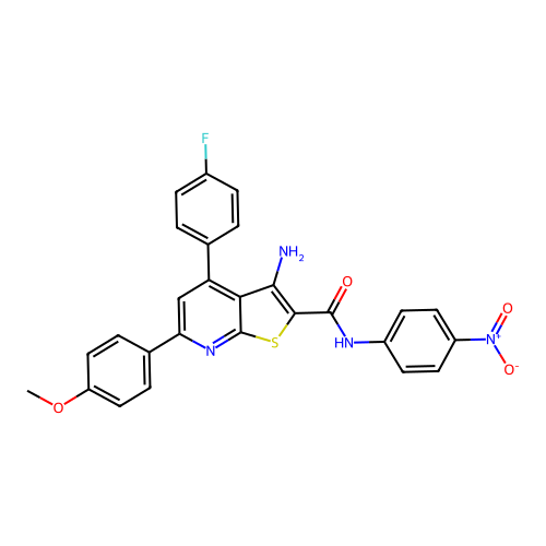 3-amino-4-(4-fluorophenyl)-6-(4-methoxyphenyl)-N-(4-nitrophenyl)thieno[2,3-b]pyridine-2-carboxamide structure