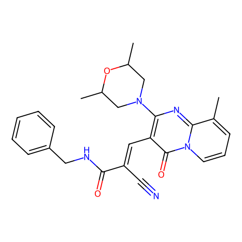 (2E)-N-benzyl-2-cyano-3-[2-(2,6-dimethylmorpholin-4-yl)-9-methyl-4-oxo-4H-pyrido[1,2-a]pyrimidin-3-yl]prop-2-enamide structure