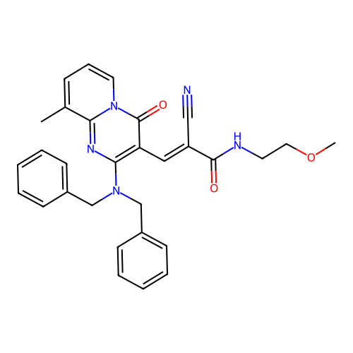 (2E)-2-cyano-3-[2-(dibenzylamino)-9-methyl-4-oxo-4H-pyrido[1,2-a]pyrimidin-3-yl]-N-(2-methoxyethyl)prop-2-enamide structure
