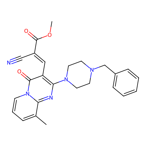 (E)-methyl 3-(2-(4-benzylpiperazin-1-yl)-9-methyl-4-oxo-4H-pyrido[1,2-a]pyrimidin-3-yl)-2-cyanoacrylate structure