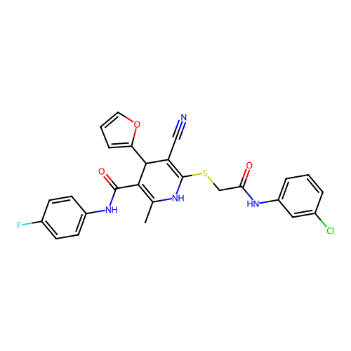 6-((2-((3-chlorophenyl)amino)-2-oxoethyl)thio)-5-cyano-N-(4-fluorophenyl)-4-(furan-2-yl)-2-methyl-1,4-dihydropyridine-3-carboxamide structure