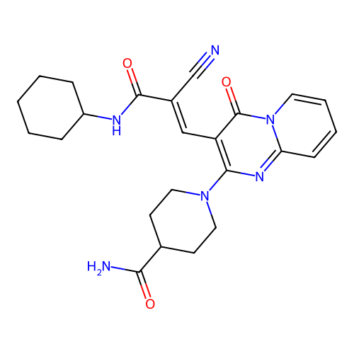(E)-1-(3-(2-cyano-3-(cyclohexylamino)-3-oxoprop-1-en-1-yl)-4-oxo-4H-pyrido[1,2-a]pyrimidin-2-yl)piperidine-4-carboxamide structure