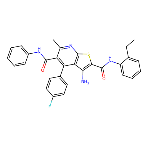 3-amino-2-N-(2-ethylphenyl)-4-(4-fluorophenyl)-6-methyl-5-N-phenylthieno[2,3-b]pyridine-2,5-dicarboxamide structure