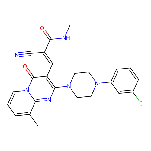 (2E)-3-{2-[4-(3-chlorophenyl)piperazin-1-yl]-9-methyl-4-oxo-4H-pyrido[1,2-a]pyrimidin-3-yl}-2-cyano-N-methylprop-2-enamide structure