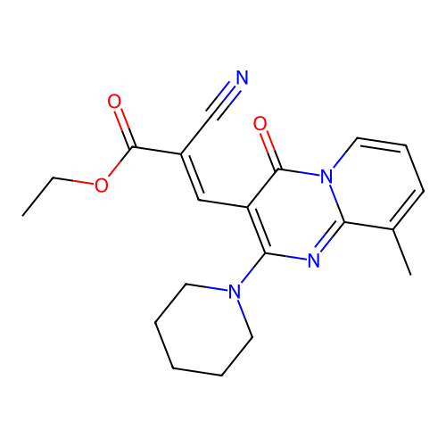 ethyl (2E)-2-cyano-3-[9-methyl-4-oxo-2-(piperidin-1-yl)-4H-pyrido[1,2-a]pyrimidin-3-yl]prop-2-enoate structure