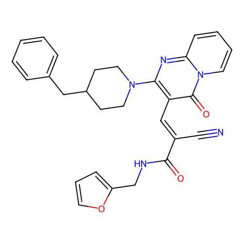 (2E)-3-[2-(4-benzylpiperidin-1-yl)-4-oxo-4H-pyrido[1,2-a]pyrimidin-3-yl]-2-cyano-N-(furan-2-ylmethyl)prop-2-enamide structure