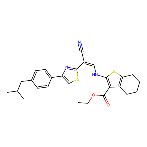 (Z)-ethyl 2-((2-cyano-2-(4-(4-isobutylphenyl)thiazol-2-yl)vinyl)amino)-4,5,6,7-tetrahydrobenzo[b]thiophene-3-carboxylate structure