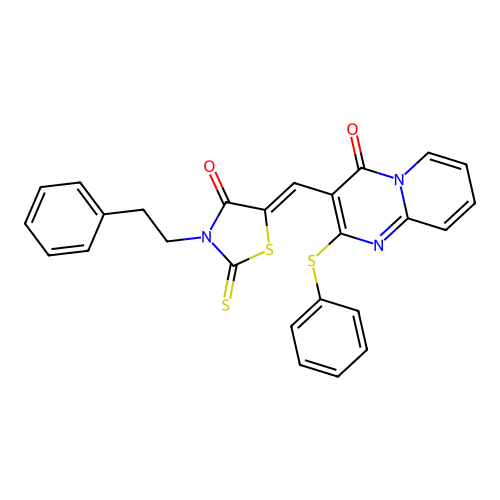 3-{(Z)-[4-oxo-3-(2-phenylethyl)-2-thioxo-1,3-thiazolidin-5-ylidene]methyl}-2-(phenylsulfanyl)-4H-pyrido[1,2-a]pyrimidin-4-one structure