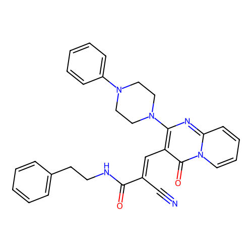 (2E)-2-cyano-3-[4-oxo-2-(4-phenylpiperazin-1-yl)-4H-pyrido[1,2-a]pyrimidin-3-yl]-N-(2-phenylethyl)prop-2-enamide structure