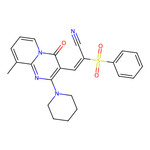 (2E)-2-(benzenesulfonyl)-3-[9-methyl-4-oxo-2-(piperidin-1-yl)-4H-pyrido[1,2-a]pyrimidin-3-yl]prop-2-enenitrile structure