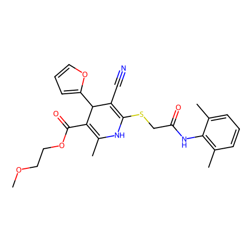 2-methoxyethyl 5-cyano-6-((2-((2,6-dimethylphenyl)amino)-2-oxoethyl)thio)-4-(furan-2-yl)-2-methyl-1,4-dihydropyridine-3-carboxylate structure