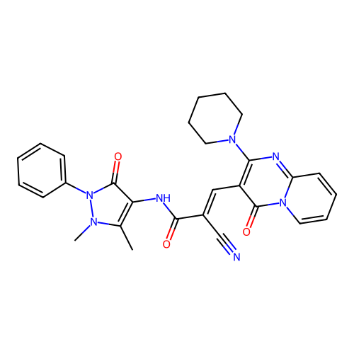 (2E)-2-cyano-N-(1,5-dimethyl-3-oxo-2-phenyl-2,3-dihydro-1H-pyrazol-4-yl)-3-[4-oxo-2-(piperidin-1-yl)-4H-pyrido[1,2-a]pyrimidin-3-yl]prop-2-enamide structure