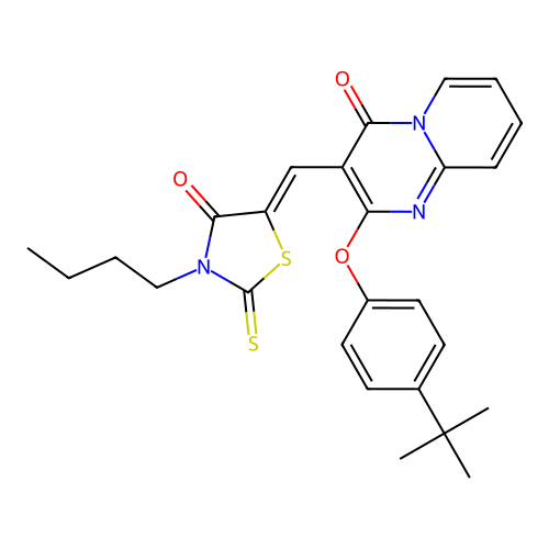 3-[(Z)-(3-butyl-4-oxo-2-thioxo-1,3-thiazolidin-5-ylidene)methyl]-2-(4-tert-butylphenoxy)-4H-pyrido[1,2-a]pyrimidin-4-one structure