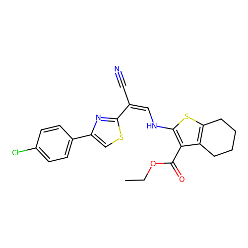 (Z)-ethyl 2-((2-(4-(4-chlorophenyl)thiazol-2-yl)-2-cyanovinyl)amino)-4,5,6,7-tetrahydrobenzo[b]thiophene-3-carboxylate structure