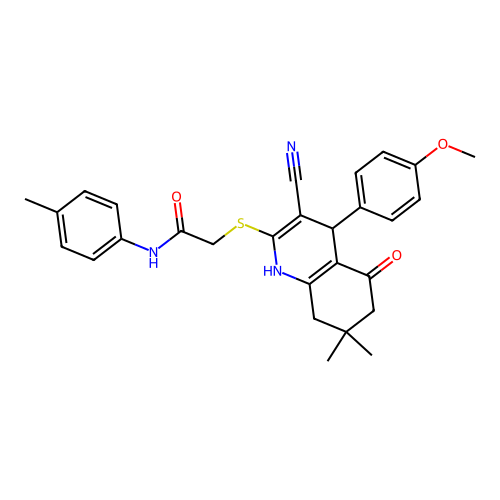 2-((3-cyano-4-(4-methoxyphenyl)-7,7-dimethyl-5-oxo-1,4,5,6,7,8-hexahydroquinolin-2-yl)thio)-N-(p-tolyl)acetamide structure