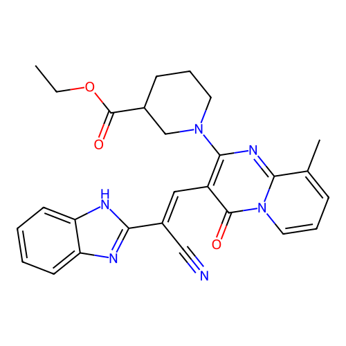 (E)-ethyl 1-(3-(2-(1H-benzo[d]imidazol-2-yl)-2-cyanovinyl)-9-methyl-4-oxo-4H-pyrido[1,2-a]pyrimidin-2-yl)piperidine-3-carboxylate structure