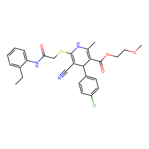 2-methoxyethyl 4-(4-chlorophenyl)-5-cyano-6-((2-((2-ethylphenyl)amino)-2-oxoethyl)thio)-2-methyl-1,4-dihydropyridine-3-carboxylate structure