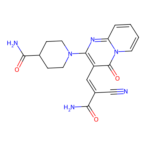 (E)-1-(3-(3-amino-2-cyano-3-oxoprop-1-en-1-yl)-4-oxo-4H-pyrido[1,2-a]pyrimidin-2-yl)piperidine-4-carboxamide structure