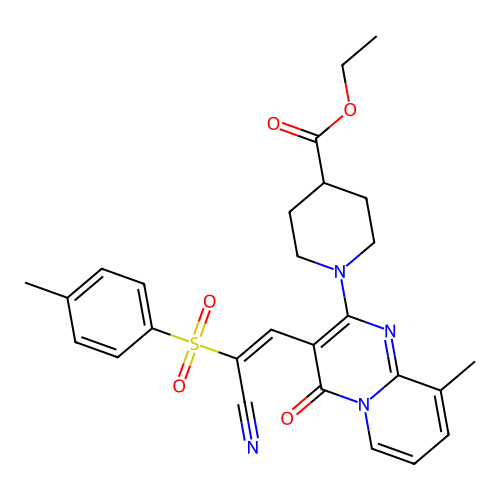 (E)-ethyl 1-(3-(2-cyano-2-tosylvinyl)-9-methyl-4-oxo-4H-pyrido[1,2-a]pyrimidin-2-yl)piperidine-4-carboxylate structure