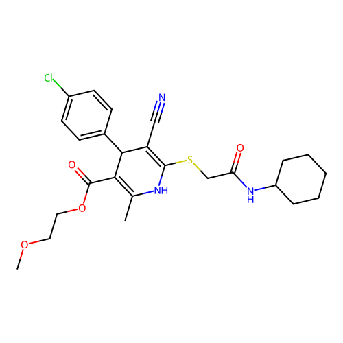 2-methoxyethyl 4-(4-chlorophenyl)-5-cyano-6-((2-(cyclohexylamino)-2-oxoethyl)thio)-2-methyl-1,4-dihydropyridine-3-carboxylate structure