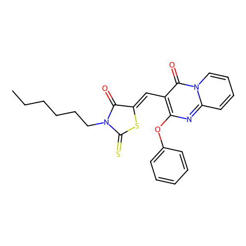 3-[(Z)-(3-hexyl-4-oxo-2-thioxo-1,3-thiazolidin-5-ylidene)methyl]-2-phenoxy-4H-pyrido[1,2-a]pyrimidin-4-one structure