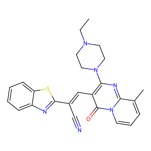 (2E)-2-(1,3-benzothiazol-2-yl)-3-[2-(4-ethylpiperazin-1-yl)-9-methyl-4-oxo-4H-pyrido[1,2-a]pyrimidin-3-yl]prop-2-enenitrile structure